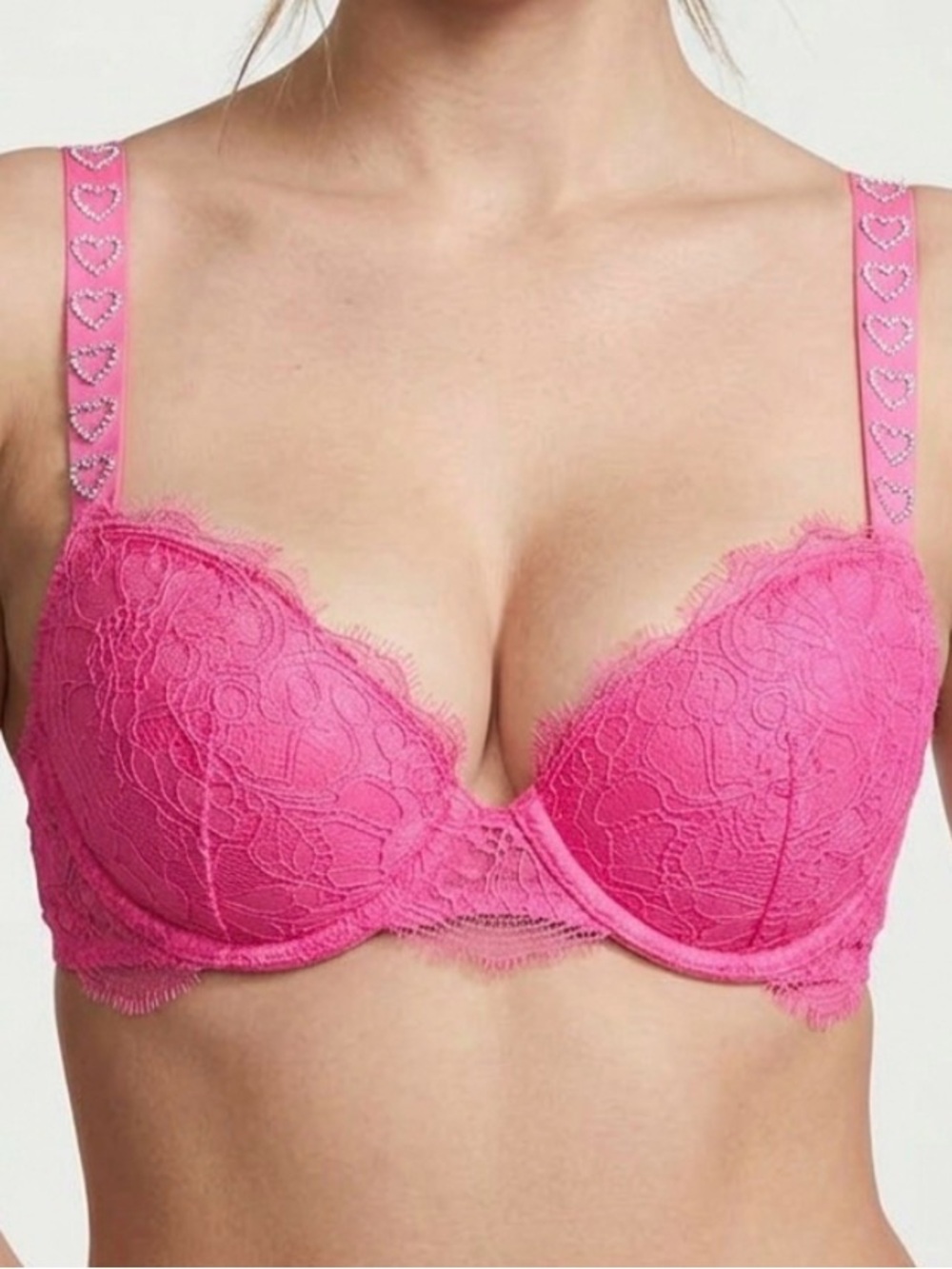 Victoria's Secret Pink Lace Push-Up Bra with Heart-Embellished Straps